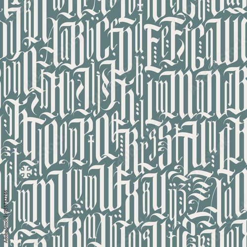 seamless pattern of Gothic letters. Repeating background with medieval Latin letters. Vector texture of english alphabet letters. Wallpaper, wrapping paper, fabric