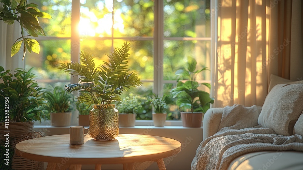 Cozy living room with sunlight streaming through a window, potted plants, and a coffee cup on a wooden table. Cozy living room with sunlight streaming through a window, potted plants, and a coffee cup on a wooden table.