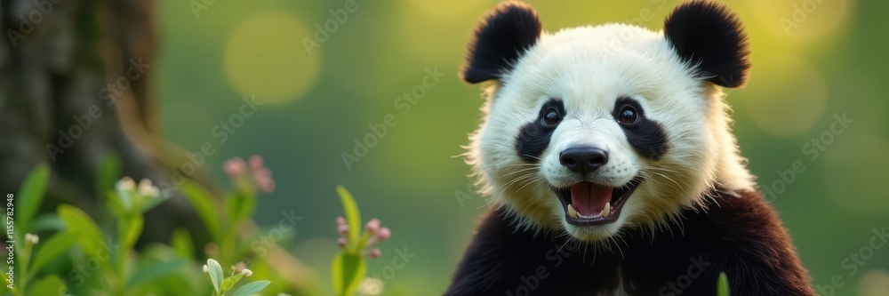Naklejka premium Happy panda with round eyes and cheerful expression, nature, closeup