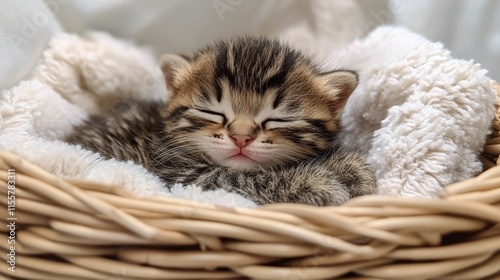 Playful kitten curled up in cozy knitted blanket, resting comfortably with a ...