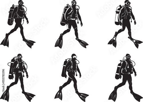 Scuba diver set silhouette vector, scuba diver vector illustration design
