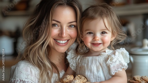 Smiling mother and daughter baking cookies together in a cozy kitchen during ...