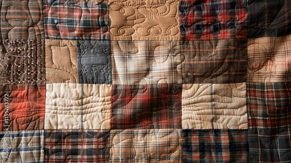 A rustic patchwork quilt in shades of dark brown, beige, and cream, incorporating plaid and solid patterns, evoking a warm, traditional feel. A rustic patchwork quilt in shades of dark brown, beige, and cream, incorporating plaid and solid patterns, evoking a warm, traditional feel.