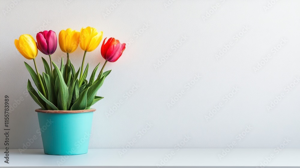 Colorful tulips in teal pot against white wall. Colorful tulips in teal pot against white wall.