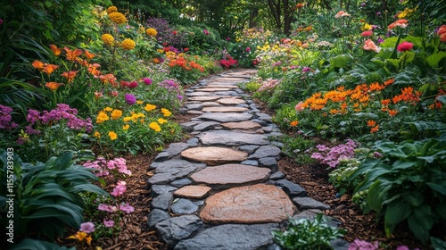 Colorful flower garden path surrounded by vibrant blooms and lush greenery in...