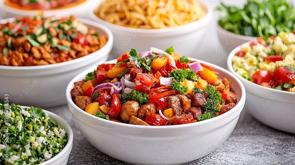 Assorted bowls of pasta, vegetables, and meat dishes. Assorted bowls of pasta, vegetables, and meat dishes.