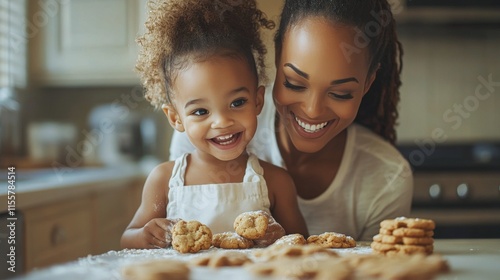 Smiling mother and daughter baking cookies together in a cozy kitchen during ...