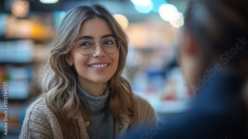 Smiling woman with curly hair in a shop during daylight