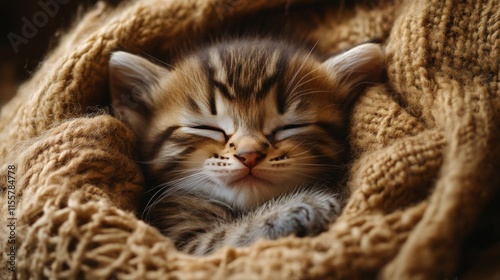 Playful kitten curled up in cozy knitted blanket, resting comfortably with a ...
