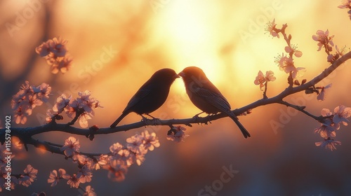 Sunset silhouette of two birds perched on a branch surrounded by blooming flo...