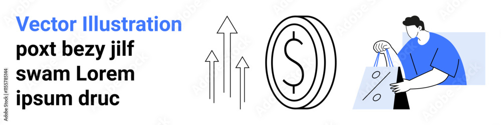 Man holding shopping bag, several upward arrows, and large dollar coin sign emphasizing concepts of economic growth, commerce, financial success, and consumer behavior. Ideal for finance, retail Man holding shopping bag, several upward arrows, and large dollar coin sign emphasizing concepts of economic growth, commerce, financial success, and consumer behavior. Ideal for finance, retail
