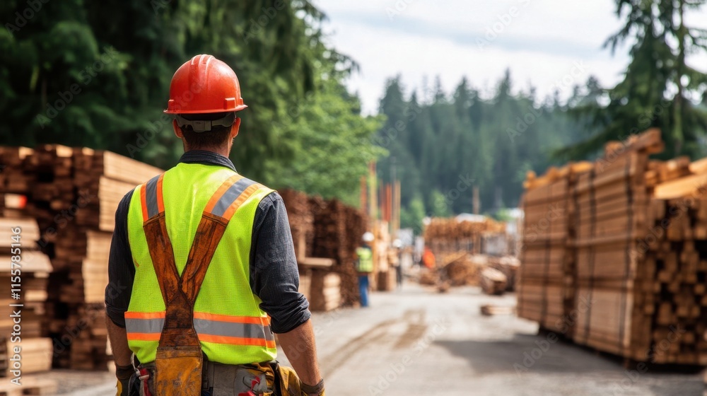 Worker in Safety Vest Overlooking Lumber Yard in Forested Area Worker in Safety Vest Overlooking Lumber Yard in Forested Area