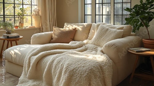 Cozy sectional sofa with a fluffy cream throw blanket, warm lighting, and natural elements. photo