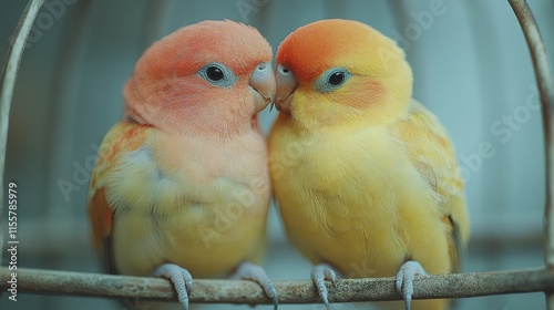 Colorful lovebirds sharing a tender moment inside a cage in a cozy setting