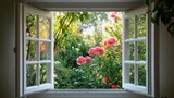 Bright garden view from an open window showcasing colorful blooms and lush greenery during a sunny day. Generative AI