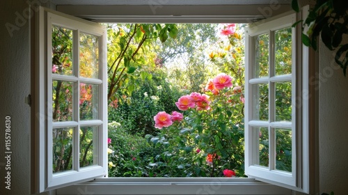 Fototapeta Naklejka Na Ścianę i Meble -  Bright garden view from an open window showcasing colorful blooms and lush greenery during a sunny day. Generative AI