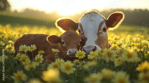 Cows and calf resting together in a sunny flower-filled meadow during golden ...