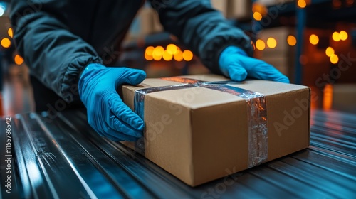 Worker prepares package for shipping in a busy warehouse during the day