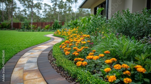 Beautiful garden landscape design with colorful flowers and manicured greenery