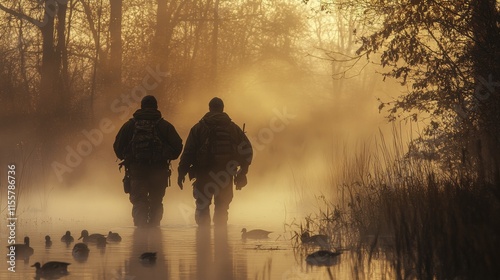 Two hunters wade through foggy wetland with ducks in early morning