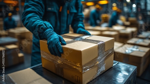 Worker prepares package for shipping in a busy warehouse during the day