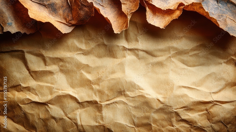 Crumpled brown paper texture with dried leaves. Crumpled brown paper texture with dried leaves.