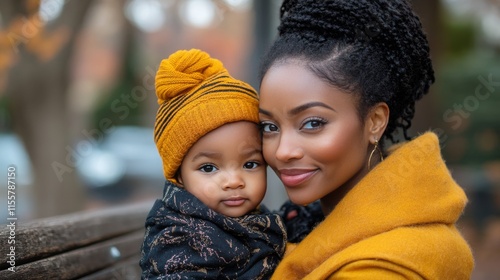 Mother and child enjoying a fall day in the park with warm clothing and vibra...