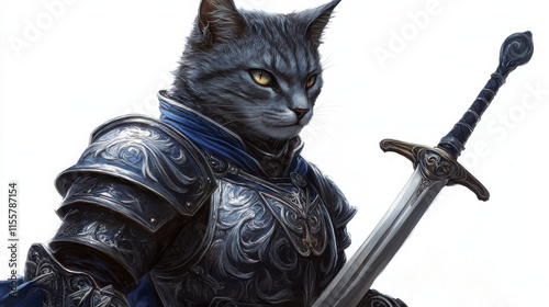 A regal depiction of a knightly cat wearing a gleaming silver armor with cobalt blue accents, standing proud with a detailed sword, backgroundless image on clear white photo