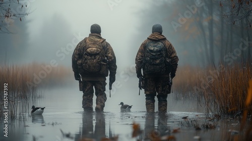 Two hunters wade through foggy wetland with ducks in early morning