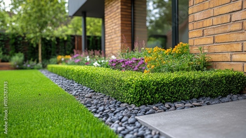 Beautiful garden landscape design with colorful flowers and manicured greenery
