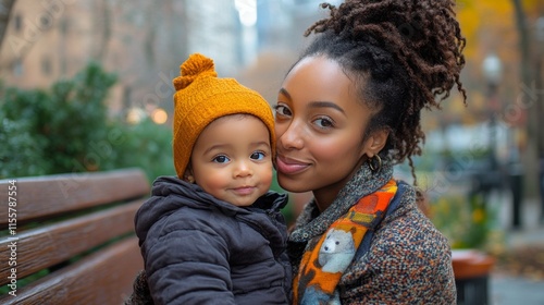 Mother and child enjoying a fall day in the park with warm clothing and vibra...
