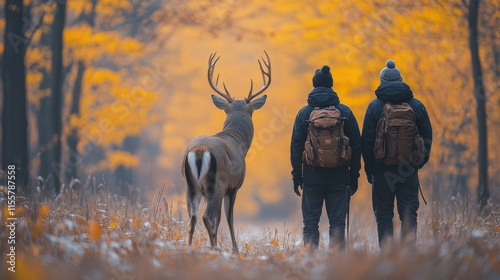 Two hunters observing a majestic buck in a forest during autumn