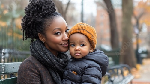 Mother and child enjoying a fall day in the park with warm clothing and vibra...