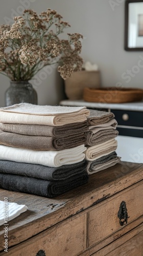 Cozy stack of warm blankets on wooden table near window in inviting home inte...