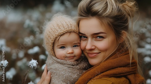 Warm embrace between mother and child in cozy winter attire surrounded by sof...