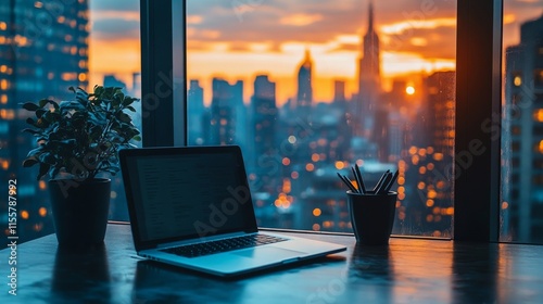 Cozy workspace with laptop and plants illuminated by sunset glow in a serene ...