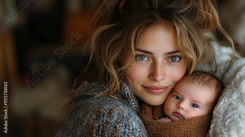 Warm embrace between mother and child in cozy winter attire surrounded by sof...