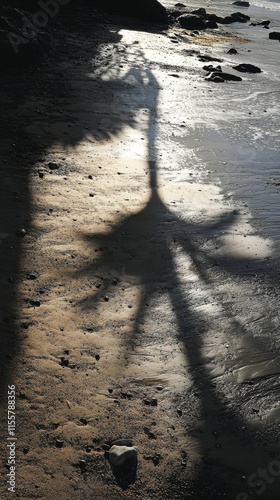 Beautiful palm tree shadow on sandy beach during sunset in coastal area