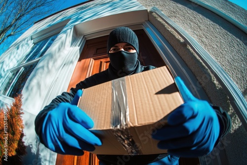Man in balaclava steals parcel near door entrance