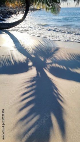Palm tree shadow creates a stunning pattern on golden beach sand during sunset