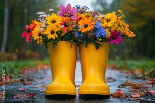 Bright yellow boots filled with colorful flowers in a vibrant garden setting