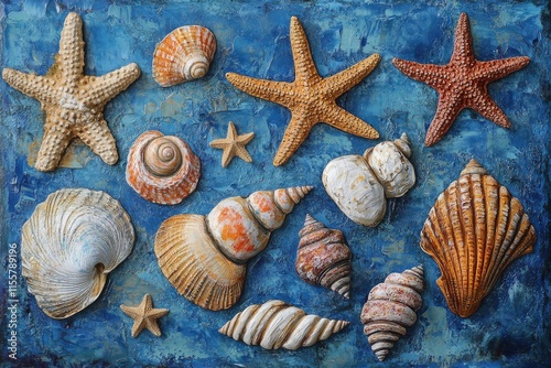 Diverse collection of seashells and starfish on a textured blue background