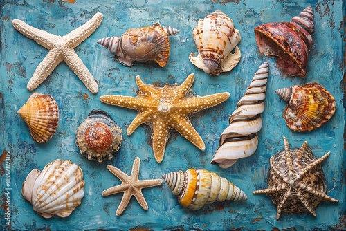 Diverse collection of seashells and starfish on a textured blue background