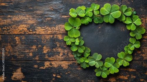 Heart shaped greenery arrangement on rustic wooden background creating a natu...