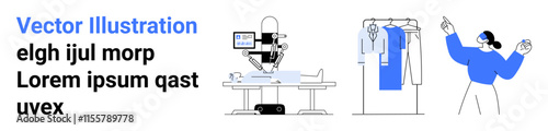 Three scenes robot performing surgery in an operating room, digital wardrobe organizing clothes, person using virtual reality headset. Ideal for technology, healthcare innovation, digital lifestyle