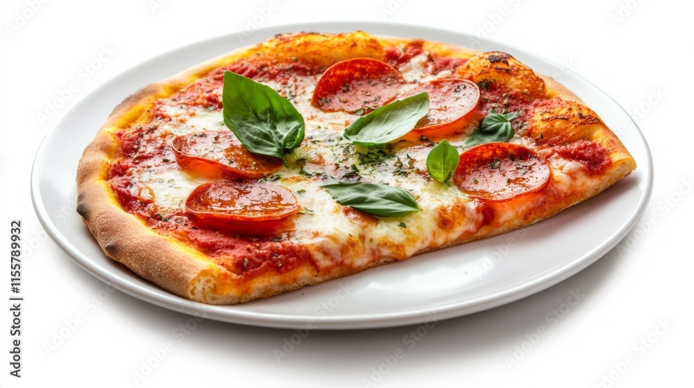 Fresh Pizza Slice on a White Plate with Herbs Fresh Pizza Slice on a White Plate with Herbs