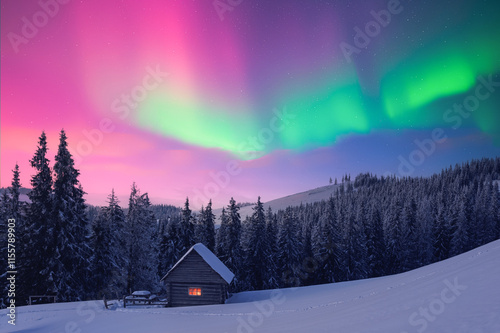 Fototapeta Naklejka Na Ścianę i Meble -  Small wooden cabin in snowy mountains under incredible Northern lights in starry sky. Christmas landscape with Polar lights in winter time. Aurora Borealis