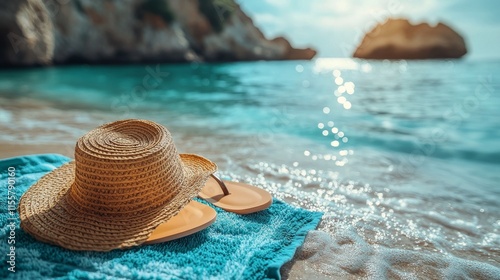 Relaxing beach scene with a straw hat and sandals by the tranquil water