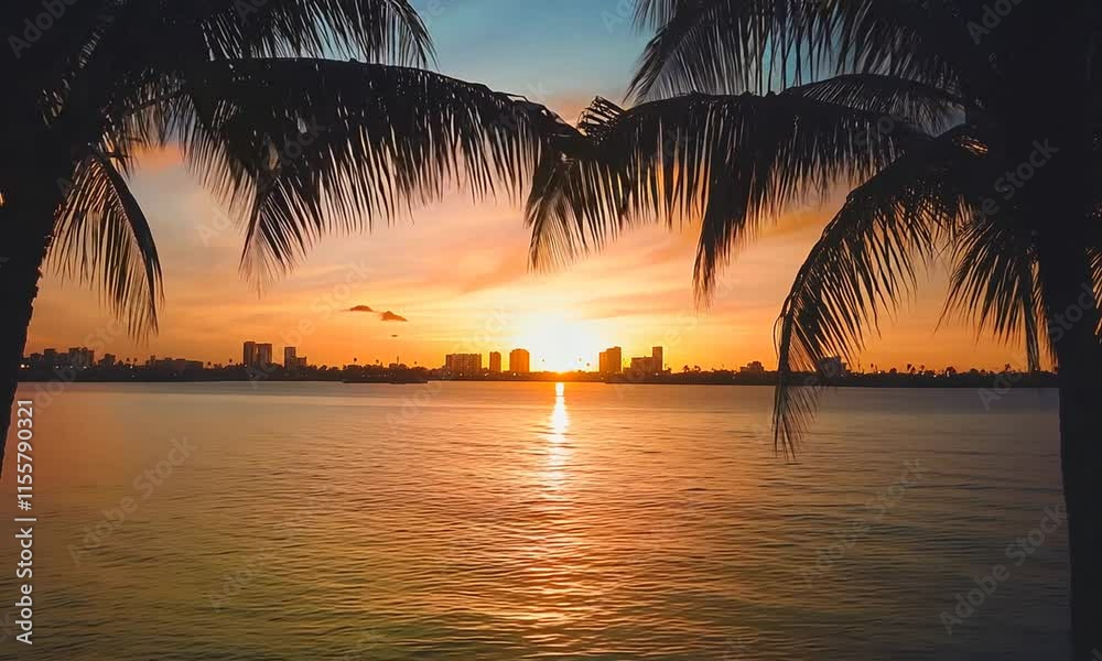Miami, Florida skyline and bay at sunset seen through palm trees