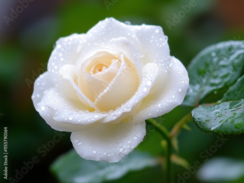 Close-up of a white rose covered with water droplets. A delicate bud with soft petals on a background of green leaves, creating a harmonious contrast. 
